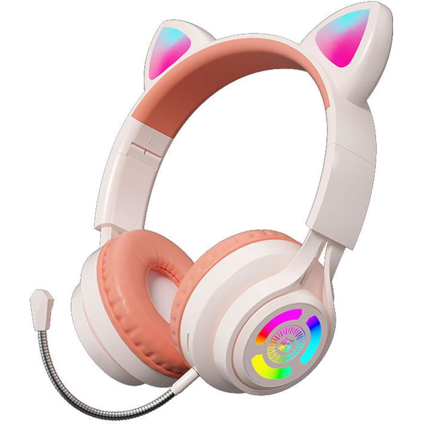 Trådløst hodesett Cat Ears Bærbart sammenleggbart spillhodesett med tilkoblingsbar mikrofon RGB LED-lys 3,5 mm lydkontakt Bluetooth 5.3 Off-white orange