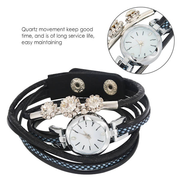 Kvindes Rhinestone PU Rem Rundt Urværk Armbåndsur (Sort)