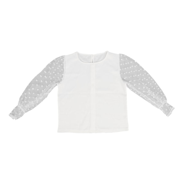 T-skjorte med rund hals for kvinner, gjennomsiktig blonder, lange puffermer prikkmønster Uformelt bluse Hvit XL