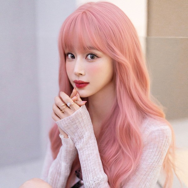 Peruukki naisten pitkät hiukset uusi vaaleanpunainen set kesä luonnollinen makea f