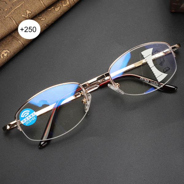 TIMH Multifocal Progressive Presbyopic Briller Blått lysblokkerende lesebriller for menn kvinner (+250 gullramme)