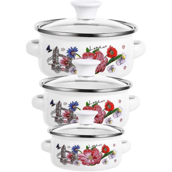 【BEMS】Enamel Cooking Pot Flower Enamel Cookware Pots Double Handle 3pcs