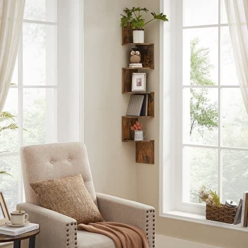 【BEMS】Vasagle Corner Shelf, Wall Shelf, 5 Tiers, Zigzag Floating Shelf, Bookshelf, Brown 4.5