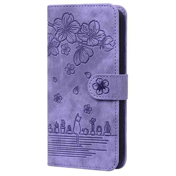 【BEMS】Etui til iPhone 15 lilla præget katteblomst i læder med præget kirsebærblomst