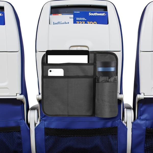 Bærbar flysæderygarrangør med 4 lommer til tablets, telefoner, vandflasker og rejsetilbehør