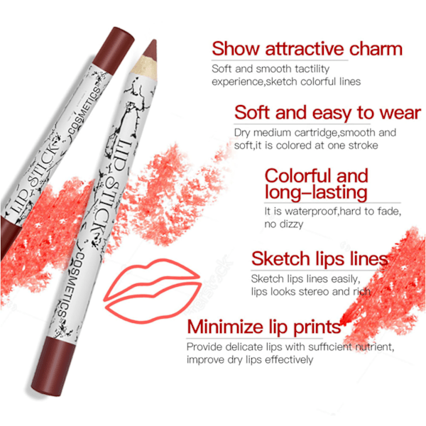 12 stk leppeblyantsett Matt leppeblyantpenn Lipsticks Vannfast leppeblyantpenn