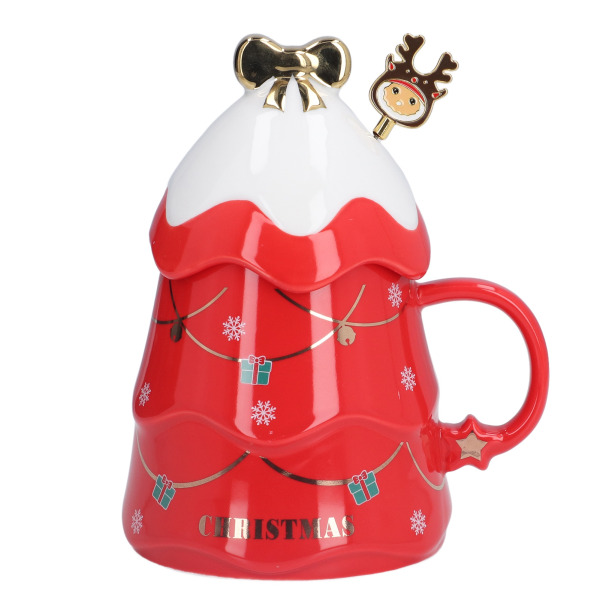 TIMH 500 ml:n suuri tilavuus joulukuppi keraaminen teemaitokuppi kahvimuki kannella lusikka kotiin joululahjoihin, punainen