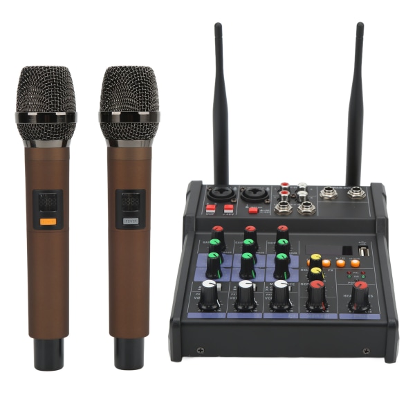 4-kanals lille Bluetooth stereomixer med 2 trådløse mikrofoner Familie stereoprocessor til livestreaming /