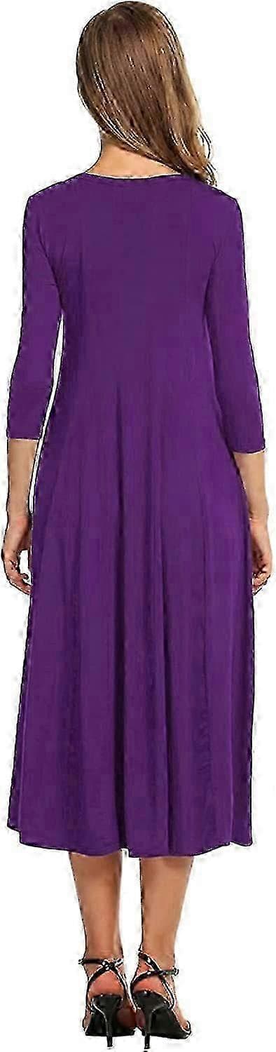 Damekjole med 3/4-ermer og A-linjeform og utsvingt midikjole_ms608d Purple M