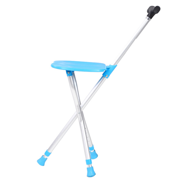 Metal Udendørs Foldbar Vandrestok Hjælp Tripod Krykke Stol med Sæde Blå Farve