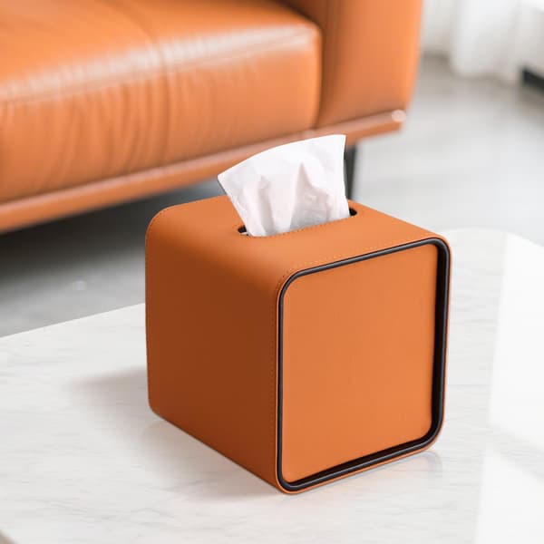 Firkantet læder-servietboks, servietdispenser til kontor, hjem, bil, badeværelse (orange)