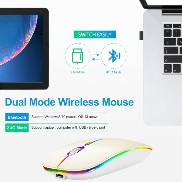 Oppladbar Bluetooth-mus for MacBook/MacBook air/Pro/iPad, BT5.1+USB trådløs mus for bærbar PC/notebook/pc/iPad/Chromebook (LED/Ivory White)