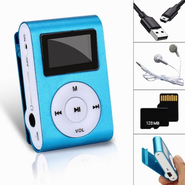MP3-musikafspiller 128M sangkort bærbar mini-musikafspiller med metalskal til studerende Sport, der løber blå ++
