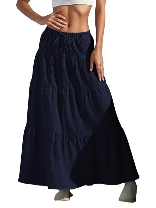 【BEMS】Boho Maxikjol för kvinnor, utsvängd volang, elastisk midja, sommar A-linje, långa kjolar, marinblå M Navy blue M