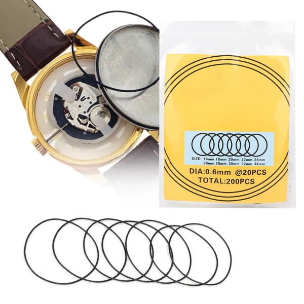 200 kpl O-rengas vedenpitävä kumitiiviste watch takakannen cover tiivisteiden korjaustyökalu (0,6 mm)/
