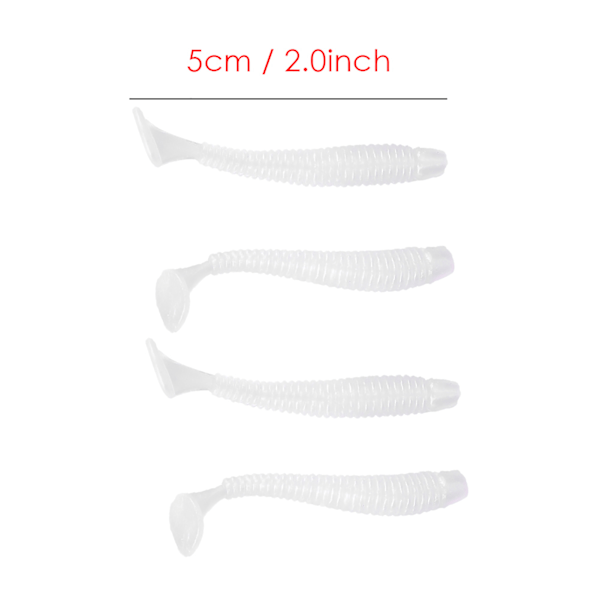 50 kpl 5 cm Pehmeitä Muovikalastusvälineitä T-häntä Grub Worm -syöttejä Kalastustarvikkeita Helmivalkoinen