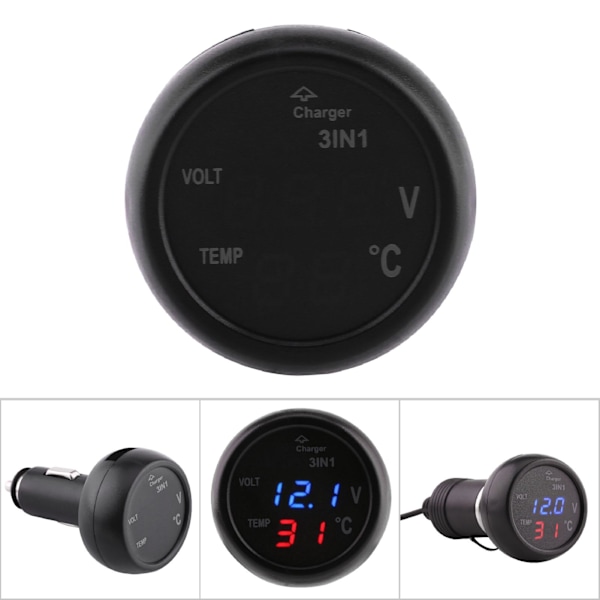 Dobbel LED Digital Display Voltmeter Termometer Sigarettenner USB Billader (blå, rød)