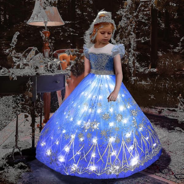 Elsa LED-glödande klänning för flickors julfest Set A 7-8 (140)