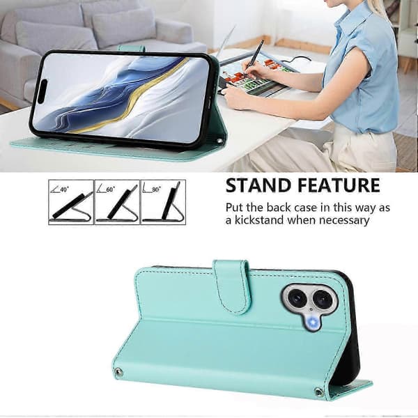 17 Læderpung-etui med stativ og håndledsrem til telefonen Light green Mint Green