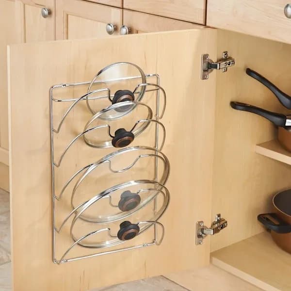 【BEMS】Shelf - Practical Wall-Mounted Lid Holder Compatible with Kitchen Utensils, Chrome Metal (1 pc, 5 Tiers, Silver)