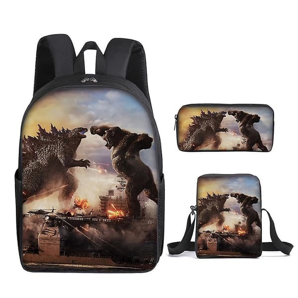 3-piece set Godzilla Vs Kong Satchel Printed Backpack School Bag With Pencil Case B