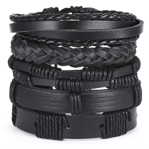 5-pak Håndlavede Læderarmbånd Herrearmbånd Sort sort[BEMS] black