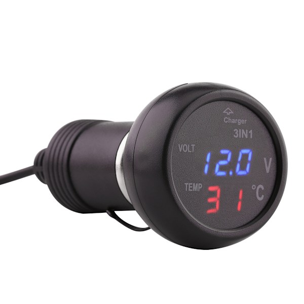 Dobbel LED Digital Display Voltmeter Termometer Sigarettenner USB Billader (blå, rød)