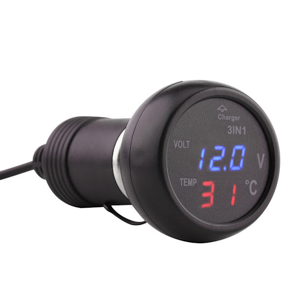 Dobbelt LED Digital Display Voltmeter Termometer Cigarettænder USB Biloplader (blå, rød)