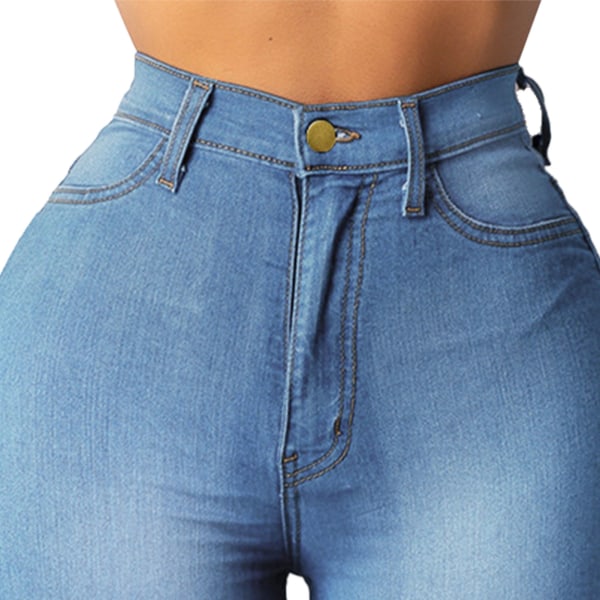 Denimbyxor med hög midja med dubbel ficka Andas Snygga Casual jeansbyxor för kvinnor Blå M