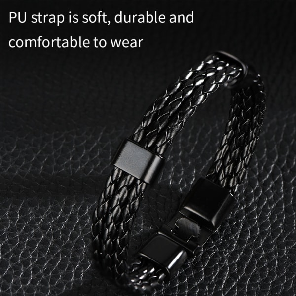 Mænd PU Rem Alloy Spænde Strik Strikket Multilayer Armbånd Håndledsrem (Sort)
