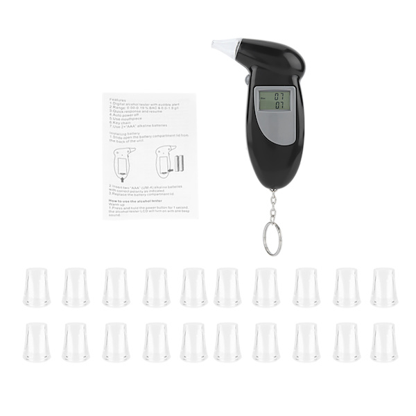 Digital LCD-skärm Alkohol Breath Tester Bärbar Nyckelring Breath Analyzer 20st Munstycke