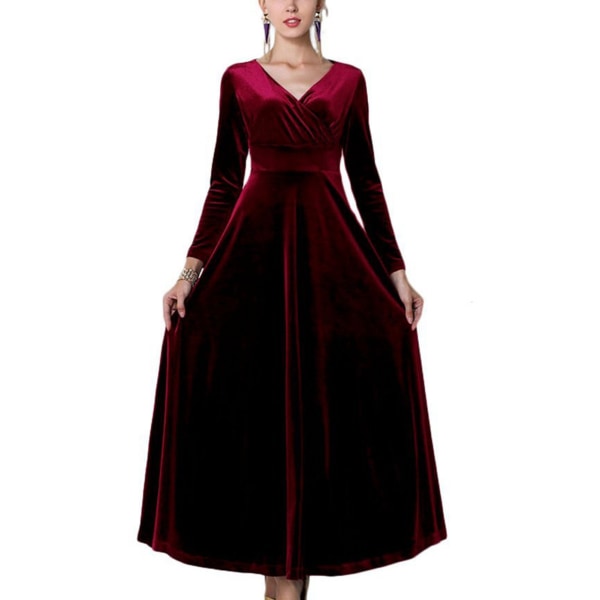 BEMSYM-Dress V-hals langærmet elegant maxi kjole dame bordeaux rød XL red XL