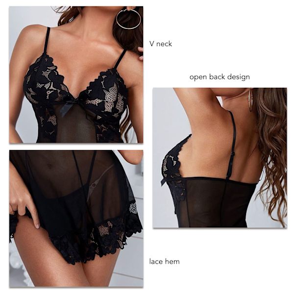 BEMSYM-Lace Jumpsuit Slim Fit Pyjamas V-hals Dame Sort S black S