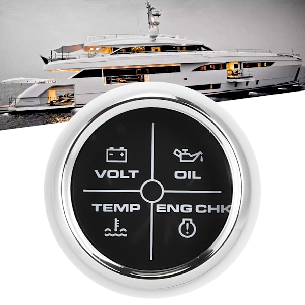 52 mm/2 tommer multifunktions 4LED-alarmindikator Volt Vandtemperatur Olietrykalarmsmåler 12/24V til marinebåd Sort urskive Sølvramme