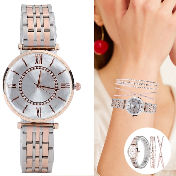 Dameur Set Mode Smykker Gaveæske Armbåndsur Armbånd til Fest Fødselsdag Sølv Pink Hvid