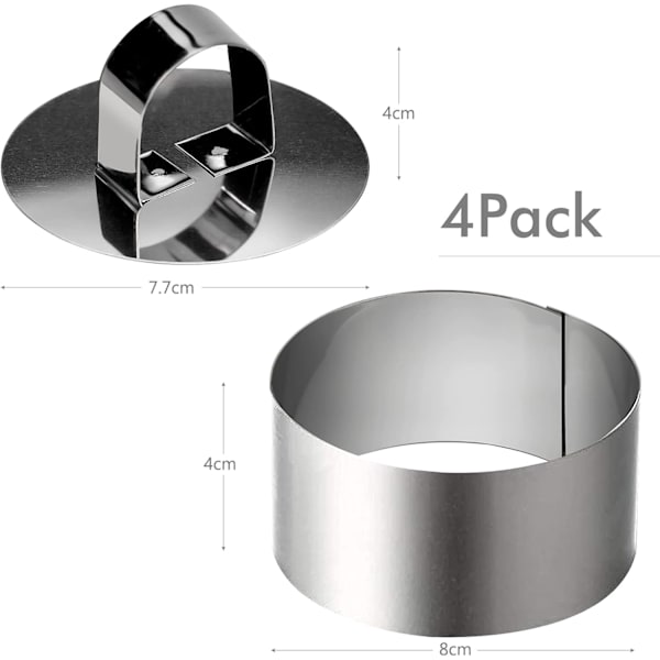 【BEMS】4 stk. runde bageforme, madringe i rustfrit stål, kageforme, bageforme med 4 madpressere - 8x4cm