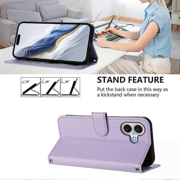 17 Læderpung-etui med stativ og håndledsrem til telefonen Light purple Light Purple
