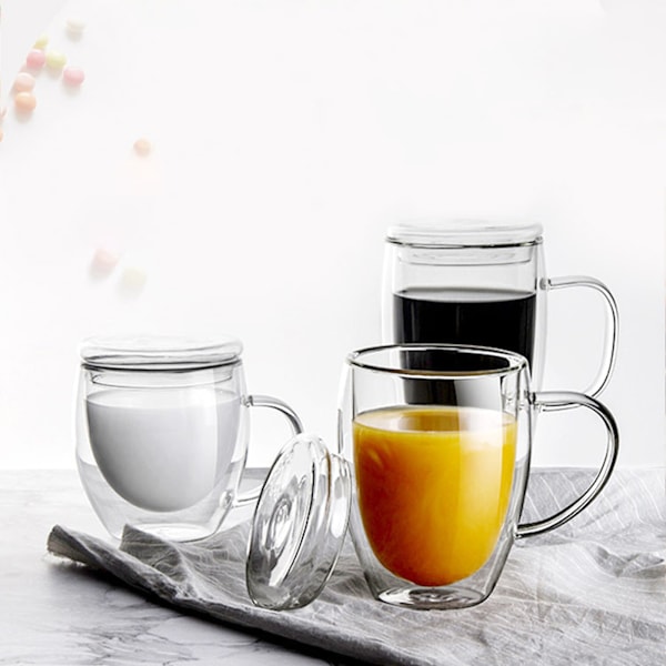 Dubbelväggig Isolerad Transparent Kaffekopp med Lock - Tjockare Design