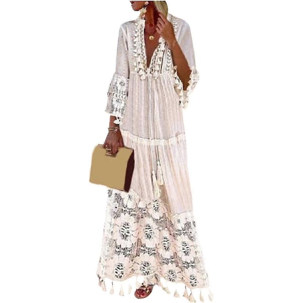 【BEMS】Bohemisk stil Dam V-ringad Gradient Volang Långärmad Flödande Strandklänning Beige S