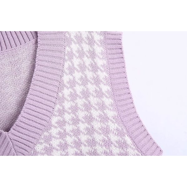 BE-Houndstooth-mønster strikket sweatervest for kvinder, ærmeløs, løs V-hals 90'er-vest Pullover strikket top Purple L