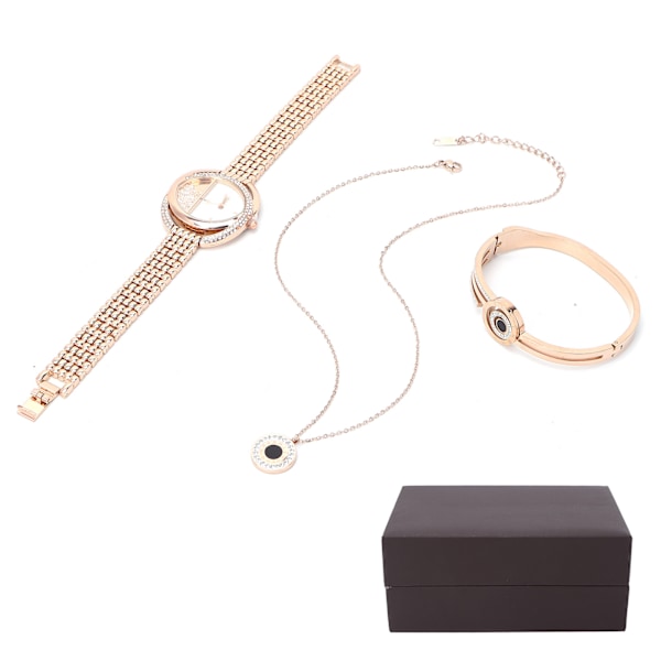 Business Style Women Watch Bracelet Necklace Set Anniversary Birthday Gift Jewelry Set Rose Gold