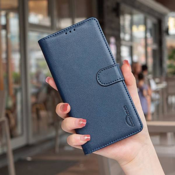 【BEMS】Compatible with iPhone 17 Pro Case Leather Case with Litchi Texture and RFID Anti-theft Blå