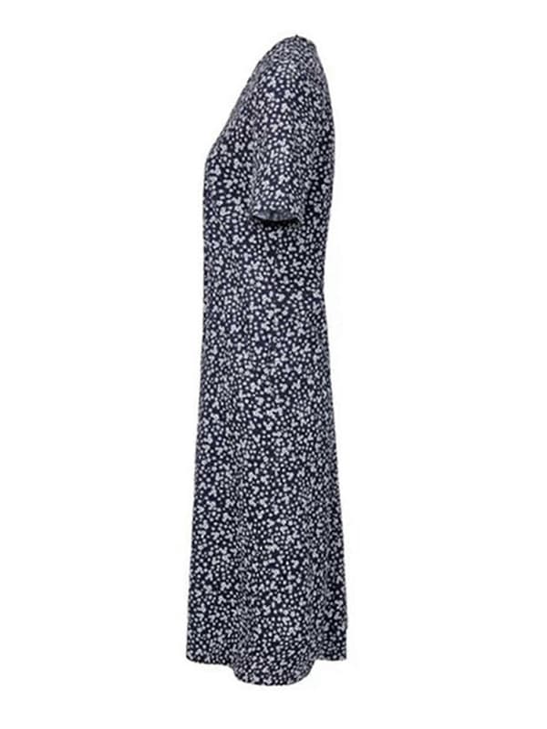 Lös blommig klänning för kvinnor - kortärmad midiklänning med sidofickor Dark Blue S