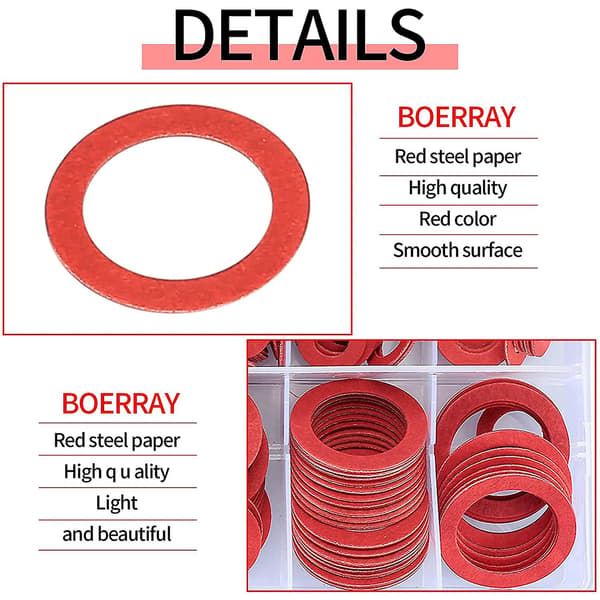 600 st. fiberpackningar blandade set 12 storlekar röd stålpappersfiber plattpackningsset plattringstätningsset red