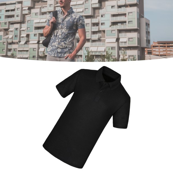 Kortærmet skjorte med knap til mænd Sort bomuldspolyester Casual T-shirt med skruetrækkerkrave til kontorarbejde Sort L