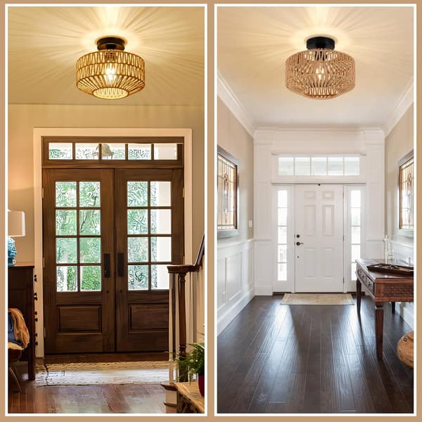 【BEMS】Rattan Hanging Ceiling Light, Boho Ceiling Lamp with Rattan Shade, Vintage Bamboo Ceiling Light, Rustic Rattan Ceiling Lamp
