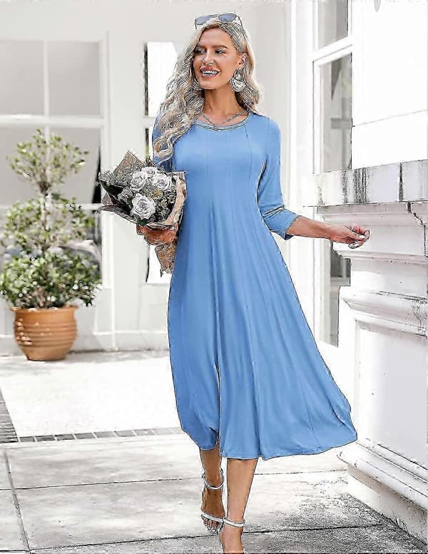 Damekjole med 3/4-ermer og A-linjeform og utsvingt midikjole_ms593d Sky Blue S