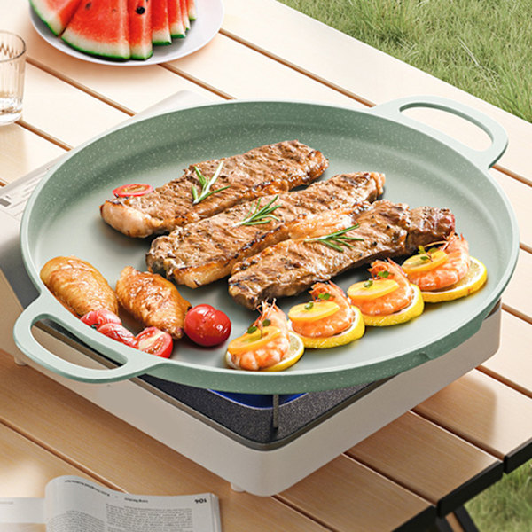 Koreansk BBQ Grillpan, Non-Stick Barbecue Grillplate, Macaronfarge, Rund Grillplate med Håndtak for Hjemme, Piknik, 34 cm, Grønn