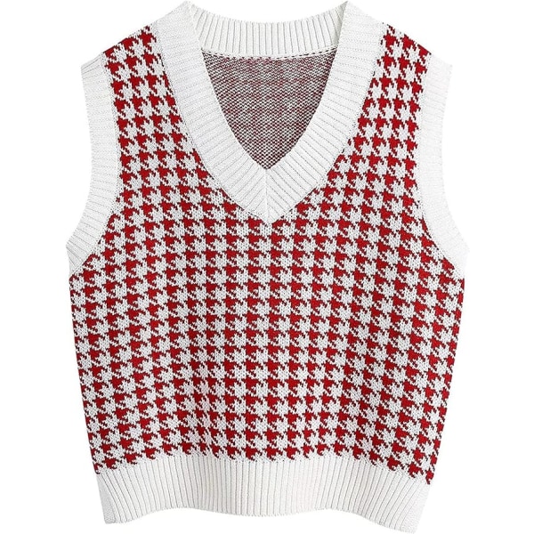 BE-Houndstooth-mønster for kvinner, strikket genservest, ermeløs, løs V-hals 90-tallsvest genser strikket topp red XL
