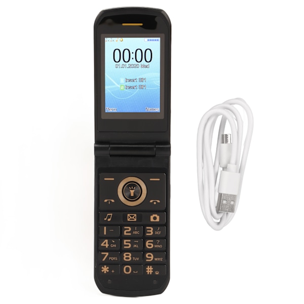 Clamshell Senior Telefon 2G Stor Skjerm Lang Standby Flip Telefon Dual SIM Eldre Mobiltelefon med 3800mAh Batteri Gull